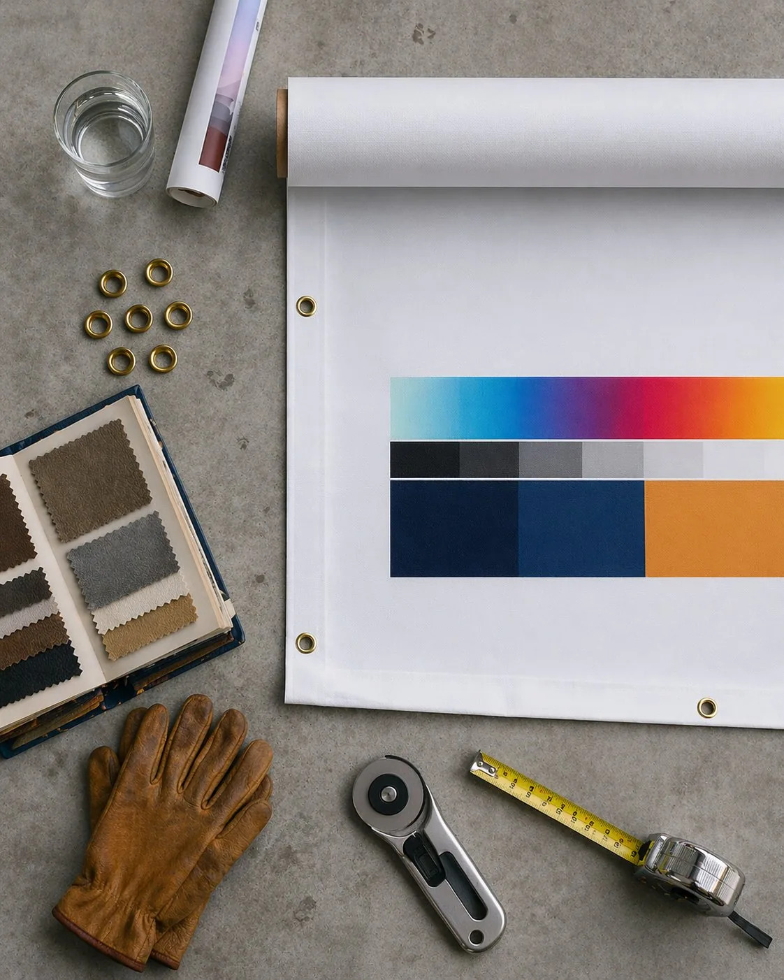 Cotización de lonas publicitarias en Monterrey: materiales de producción con muestra de impresión de color, ojillos de latón reforzados, herramientas de fabricación y muestras de material sobre mesa de taller.