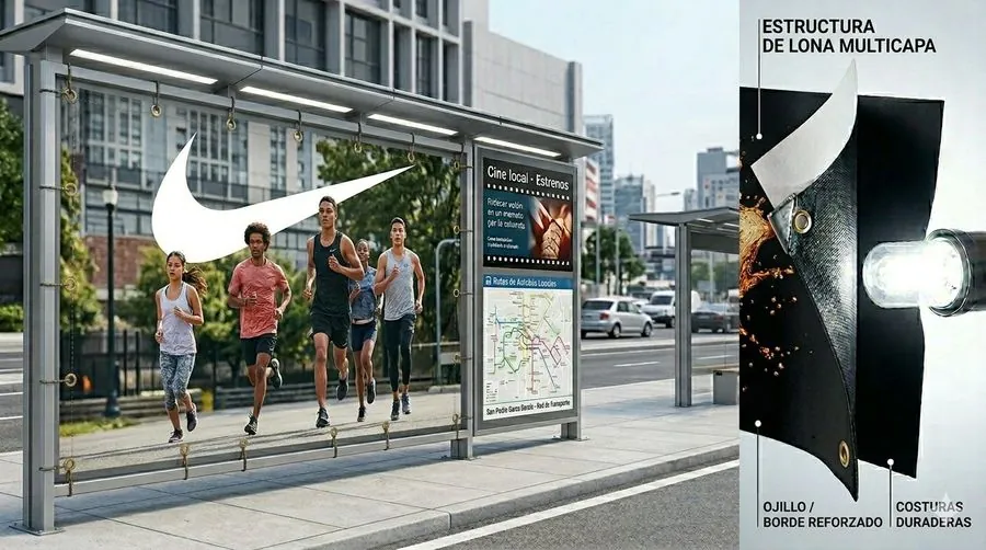 Lona blackout opaca multicapa con ojillos reforzados en parada de autobús