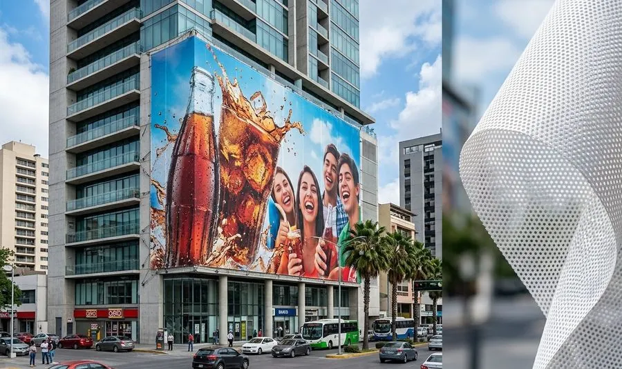 Lona mesh instalada en edificio de gran formato en Monterrey