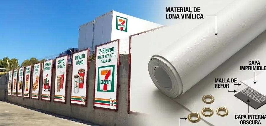 Lona PVC vinílica con malla de refuerzo instalada en fachada exterior con ojillos de latón